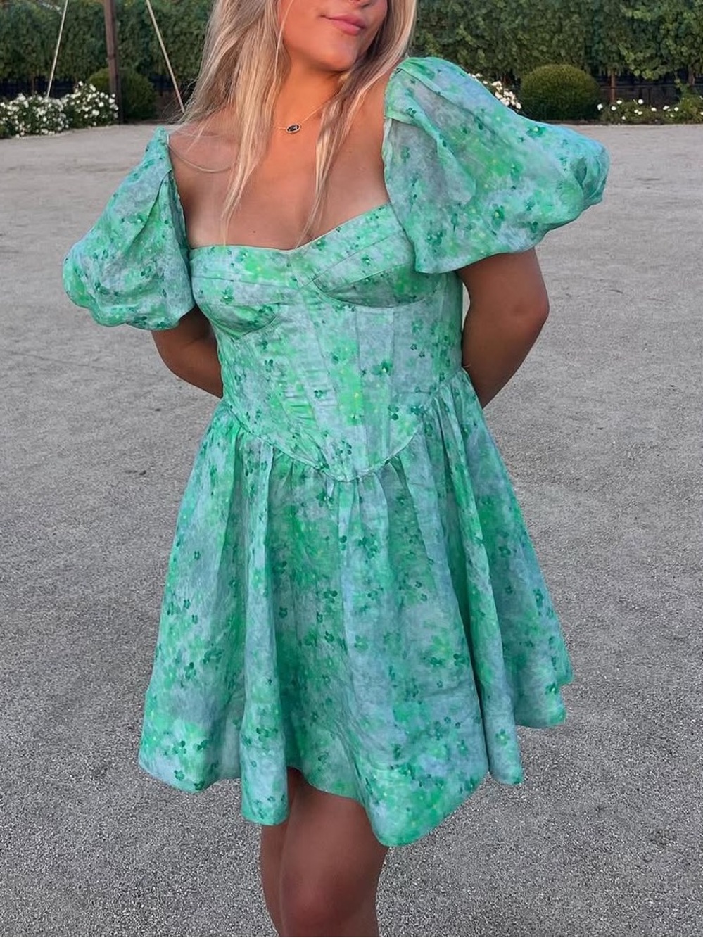 Bardot corset green floral dress in size S
